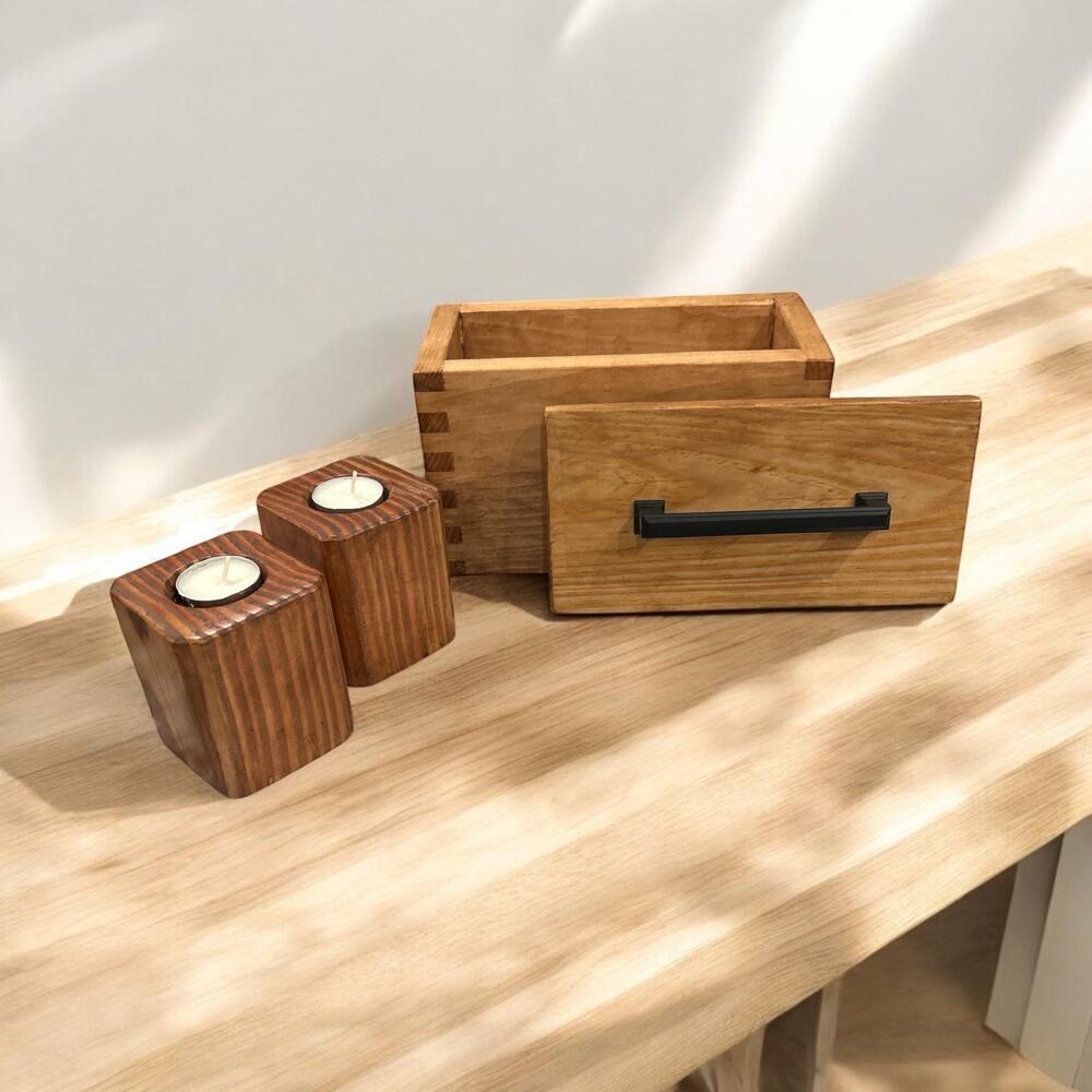 Handmade Vintage Pine Trinket Box with Candle Holders & Tea Lights